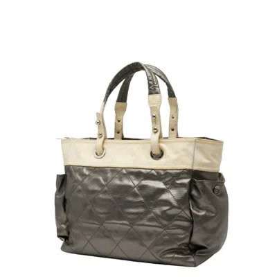Pre-owned Chanel Paris Biarritz Gray Ivory Pvc Canvas Tote Bag ()