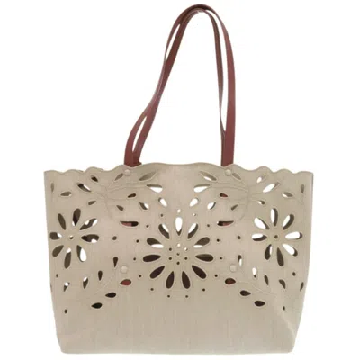 Pre-owned Chloé Beige Brown Linen Leather Pouch Tote Bag () In Multi