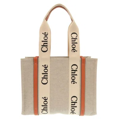 Pre-owned Chloé Beige Orange Leather Linen Canvas Handbag Tote Bag () In Multi