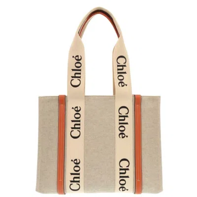 Pre-owned Chloé Beige Orange Leather Linen Canvas Handbag Tote Bag () In Multi