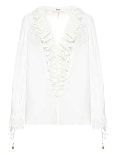 Chloé Puff Sleeve V-neck Top In Cotton Voile In White