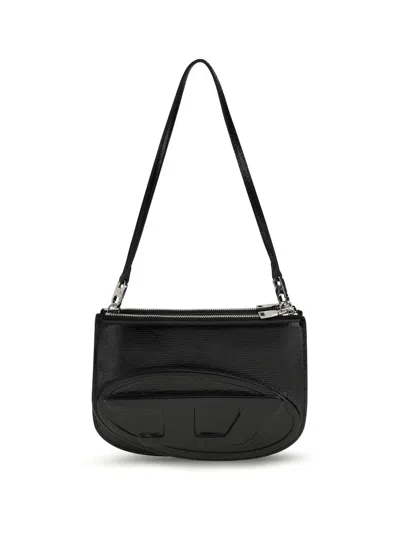 Diesel Twin-double-pouch Embossed-leather Shoulder Bag In Black