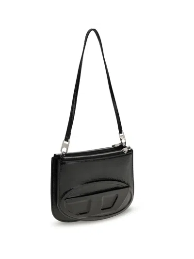 Diesel Twin-double-pouch Embossed-leather Shoulder Bag In Black