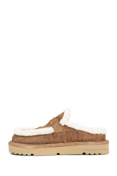 Fendi Women Beige Mules With Logo Lettering On The Rear And Ff Buckle In Suede Woman In Neutral