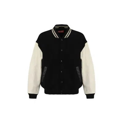 Diesel Varsity-style Black Wool Bomber Jacket In Multi