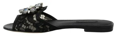 Dolce & Gabbana Black Taormina Lace Slides Crystals Flats Women's Shoes In Black