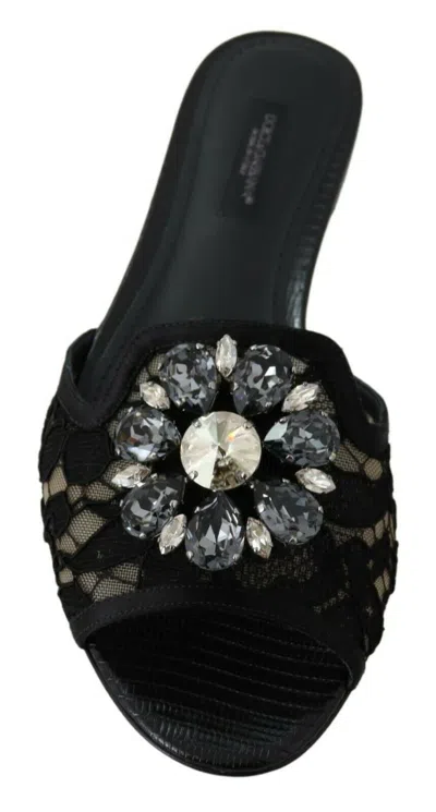 Dolce & Gabbana Black Taormina Lace Slides Crystals Flats Women's Shoes In Black