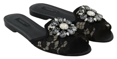 Dolce & Gabbana Black Taormina Lace Slides Crystals Flats Women's Shoes In Black