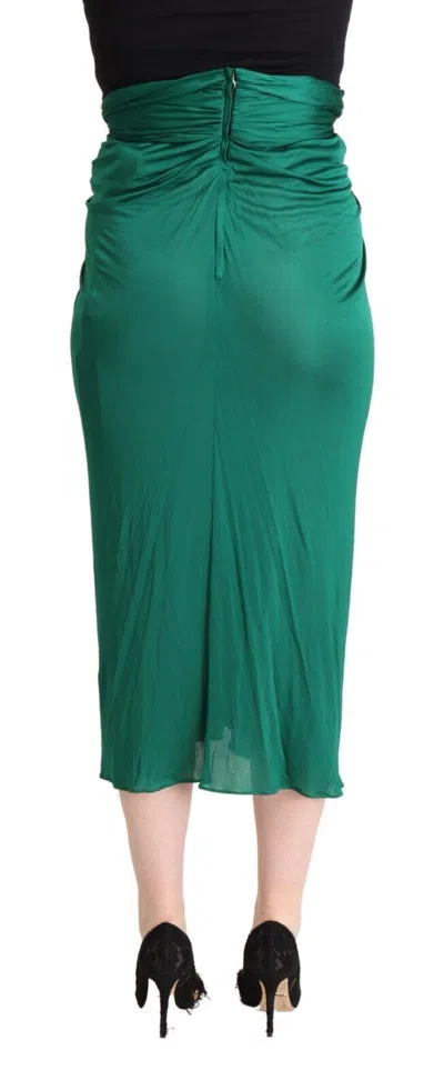 Dolce & Gabbana Dark Green High Waist Midi Pencil Cut Pleated Women's Skirt In Green