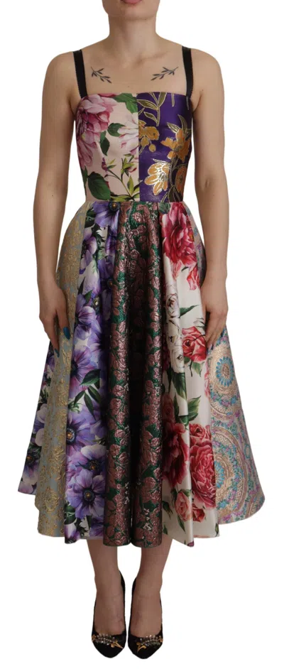 Dolce & Gabbana Dress Midi Patchwork Floral Jaquard Women's Silk In Multi