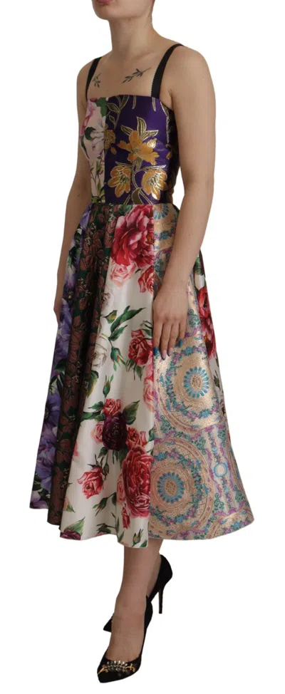 Dolce & Gabbana Dress Midi Patchwork Floral Jaquard Women's Silk In Multi