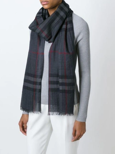 Shop Burberry Lightweight Check Wool And Silk Scarf - Grey