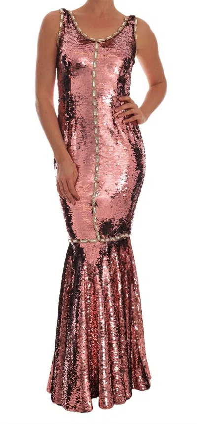 Dolce & Gabbana Pink Sequined Sheath Crystal Dress Women's Gown In Pink