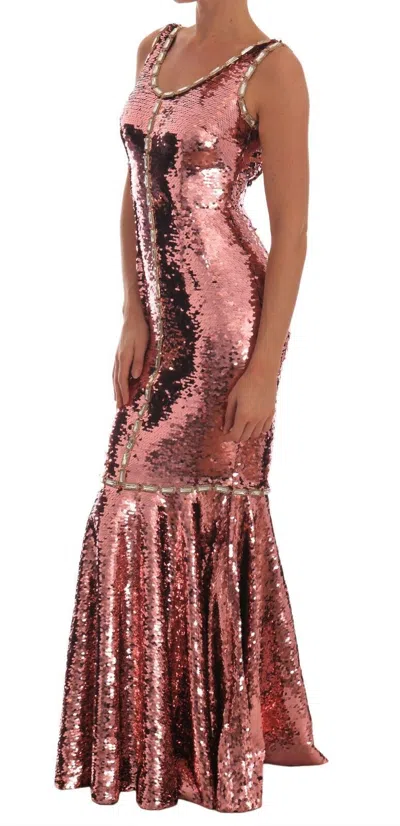 Dolce & Gabbana Pink Sequined Sheath Crystal Dress Women's Gown In Pink