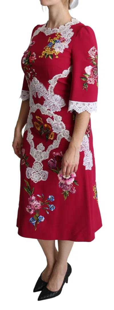 Dolce & Gabbana Red Floral Embroidered Sheath Midi Women's Dress In Red