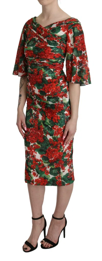 Dolce & Gabbana Red Floral Sheath Midi Silk Stretch Women's Dress In Multi