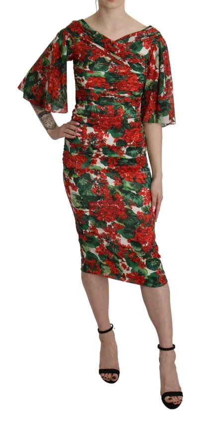 Dolce & Gabbana Red Floral Sheath Midi Silk Stretch Women's Dress In Multi