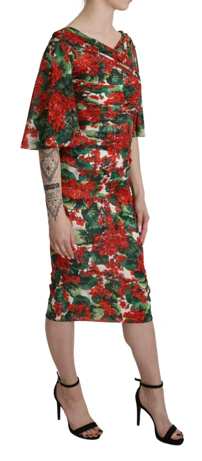 Dolce & Gabbana Red Floral Sheath Midi Silk Stretch Women's Dress In Multi