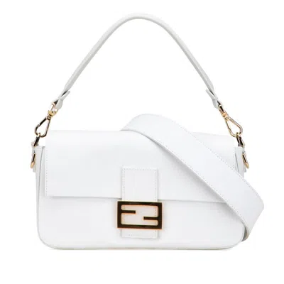 Pre-owned Fendi Baguette White Linen Leather Handbag Shoulder Bag ()