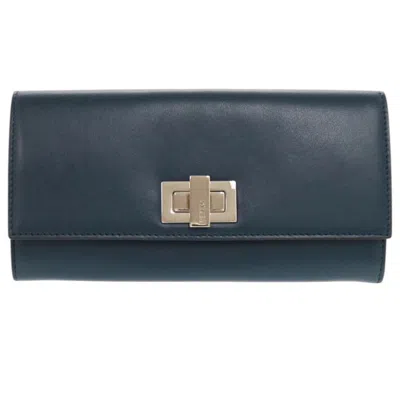 Pre-owned Fendi Navy Leather Long Wallet (bi-fold) () In Blue