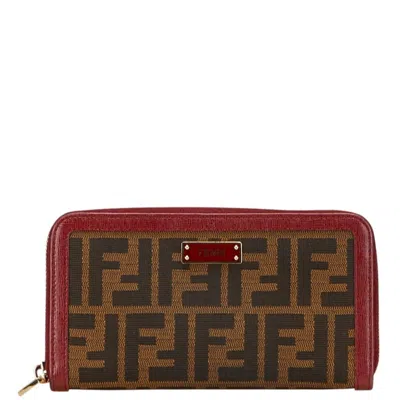 Pre-owned Fendi Zucca Brown Wine Canvas Leather Long Wallet (bi-fold) () In Multi