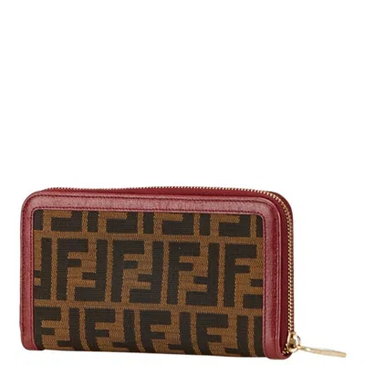 Pre-owned Fendi Zucca Brown Wine Canvas Leather Long Wallet (bi-fold) () In Multi