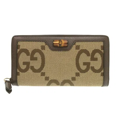 Pre-owned Gucci Bamboo Beige Brown Canvas Leather Long Wallet (bi-fold) () In Multi