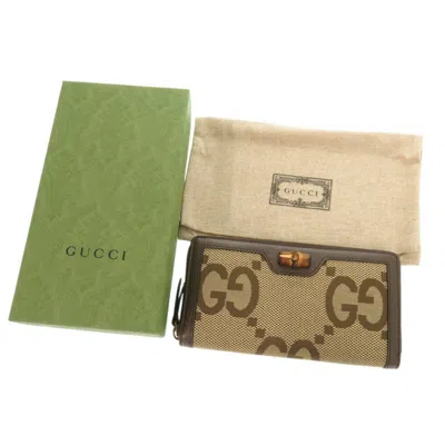 Pre-owned Gucci Bamboo Beige Brown Canvas Leather Long Wallet (bi-fold) () In Multi