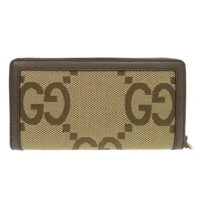 Pre-owned Gucci Bamboo Beige Brown Canvas Leather Long Wallet (bi-fold) () In Multi