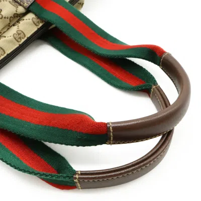 Pre-owned Gucci Beige Brown Dark Brown Green Red Color Gg Canvas Leather Shoulder Bag Tote Bag () In Multi