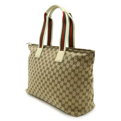 Pre-owned Gucci Beige Green Ivory Khaki Red Color Gg Canvas Leather Shoulder Bag Tote Bag ()