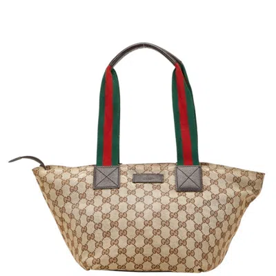 Pre-owned Gucci Gg Canvas Beige Brown Canvas Leather Tote Bag ()
