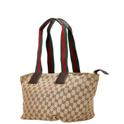 Pre-owned Gucci Gg Canvas Beige Brown Canvas Leather Tote Bag ()