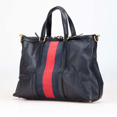Pre-owned Gucci Sherry Line Navy Leather Suede Handbag Shoulder Bag () In Blue