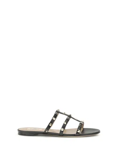 Valentino Black Calf Leather Bos Taurus Flat Sandals In Black