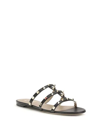 Valentino Black Calf Leather Bos Taurus Flat Sandals In Black