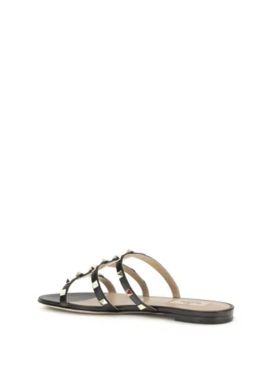Valentino Black Calf Leather Bos Taurus Flat Sandals In Black