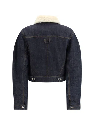 Jacquemus Le Bomber De-nimes Ovalo Blue Jacket With Fur Collar And Two Front Welt Pockets In Denim Woman In Blue