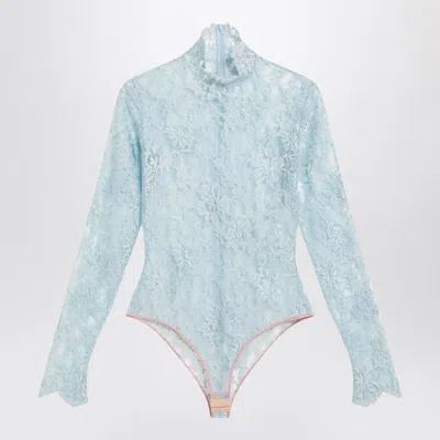 Valentino High Neck Long Sleeve Floral Lace Bodysuit In Blue