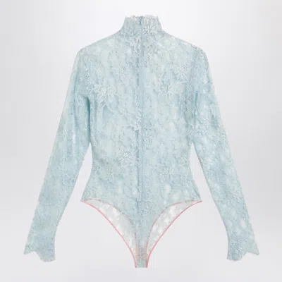Valentino High Neck Long Sleeve Floral Lace Bodysuit In Blue