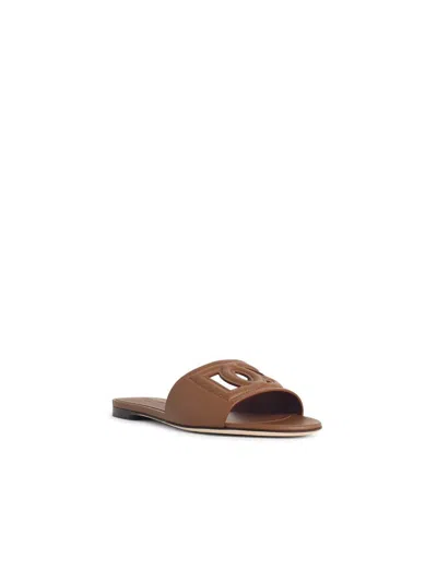 Dolce & Gabbana Leather Slides With Cut-out Logo In Brown