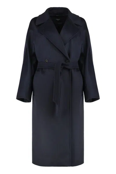 Weekend Max Mara Midi Double-breasted Coat In Wool In Blue