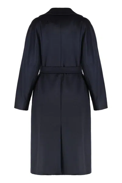 Weekend Max Mara Midi Double-breasted Coat In Wool In Blue