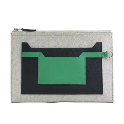 Pre-owned Hermes Black Gray Green Felt Leather Clutch Bag ()