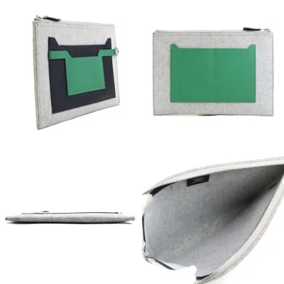Pre-owned Hermes Black Gray Green Felt Leather Clutch Bag ()