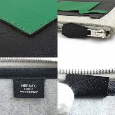 Pre-owned Hermes Black Gray Green Felt Leather Clutch Bag ()