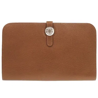 Pre-owned Hermes Bronze Chevre Leather Long Wallet (bi-fold) () In Brown