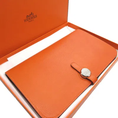 Pre-owned Hermes Orange Togo Leather Long Wallet (bi-fold) ()