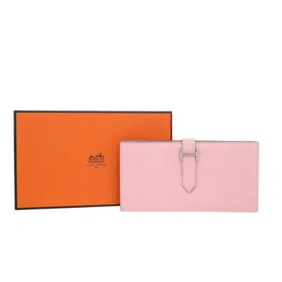Pre-owned Hermes Rose Sakura Chevre Leather Long Wallet (bi-fold) () In Pink