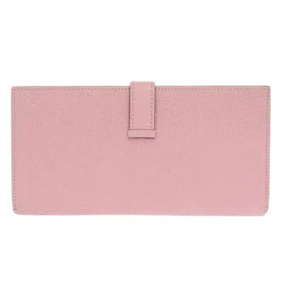Pre-owned Hermes Rose Sakura Chevre Leather Long Wallet (bi-fold) () In Pink